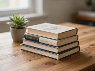 A small stack of vintage design and literature books on a wooden table, a small potted plant beside them, soft daylight