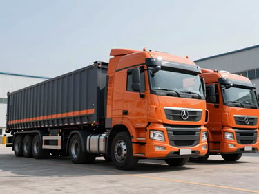 Low-angle heroic shot of modern heavy cargo trucks parked in a clean industrial warehouse bay, sharp daylight, high-contrast safety orange detailing