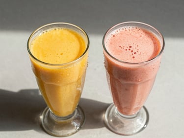 Overhead shot of two tall glasses of fruit smoothies — one mango yellow, one strawberry pink — on a light surface, natural daylight, condensation visible on the glass