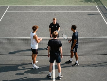 Wide court-level shot of three players receiving tactical instruction from a coach at the net, natural daylight from above, court surface and players in sharp focus, coaching moment not posed