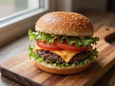 Overhead shot of a thick stacked burger with lettuce, tomato, and melted cheese on a wooden board, natural side-window daylight, minimal styling