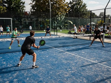 Wide-angle view of a padel tournament match in progress, players mid-rally under natural daylight, spectators visible at the court perimeter, competitive energy captured in sharp focus
