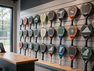 Interior of a clean, organized sports pro shop with padel rackets displayed on wall racks and a counter visible, natural light from a side window, no people