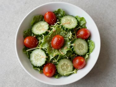 Overhead shot of a fresh green salad bowl with cherry tomatoes, cucumber slices, and a light dressing drizzle on a white ceramic plate, natural daylight, clean background