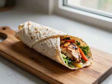 Overhead shot of a wrap cut in half on a wooden board, grilled chicken and fresh vegetables visible in the cross-section, natural side-window light, clean minimal background