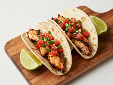 Overhead shot of two tacos and a quesadilla on a wooden board, colourful fillings of grilled chicken, fresh salsa, and lime wedges, natural daylight, clean white surface