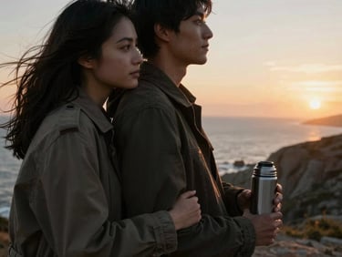 Cinematic close-up of a couple leaning against each other on a windy coastal bluff, warm backlighting from the setting sun, soft shadows, hands holding a warm thermos, authentic intimate interaction.