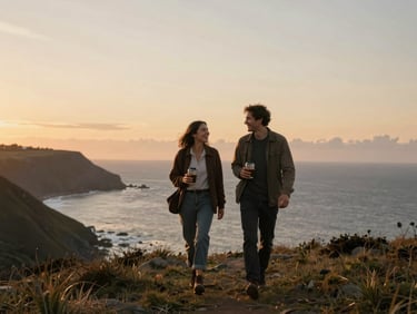 Cinematic wide shot of a couple walking along a windy coastal bluff at sunset, holding a thermos of coffee, laughing naturally