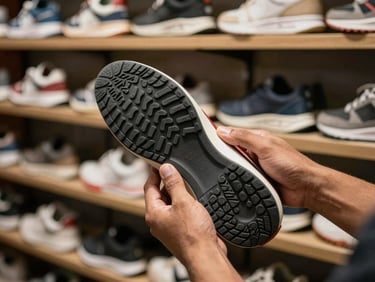 Close-up of hands testing the flexible rubber sole of a modern men's sneaker inside an Indian retail shop, natural light