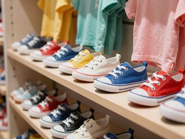 Brightly lit shelf displaying colorful children's canvas shoes and soft cotton t-shirts in a local boutique
