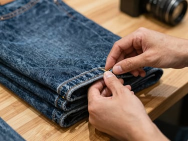 Close-up of fingers checking the stitching and heavy denim fabric of folded jeans on a wooden counter, bright light