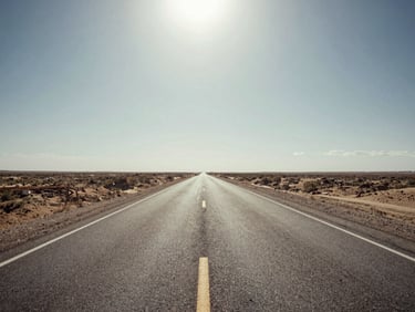 Wide panoramic empty American highway stretching to the horizon, dusty shoulders, harsh midday sun glare, desaturated documentary style