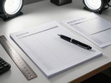 Wide shot of a professional desk with a structured monthly plan document laid flat, pen resting across it, a ruler and printed KPI table visible alongside, bright overhead studio lighting, clean and technical atmosphere