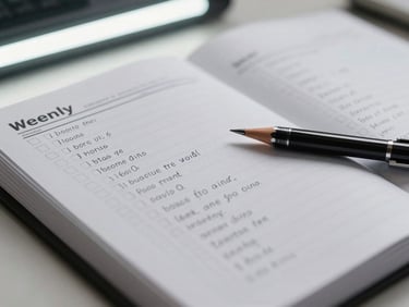 Close-up of a weekly planning sheet on a desk with handwritten tasks and checkboxes, a mechanical pencil resting on the page, clean fluorescent overhead light, no human face visible, clinical and precise atmosphere