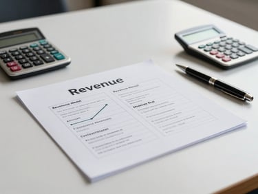 Wide panoramic shot of a business planning session: a printed revenue model document on a table, calculator and pen beside it, no faces, clean overhead lighting, financial operations atmosphere