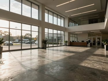 Wide interior shot of an empty commercial lobby during business hours, natural daylight from floor-to-ceiling windows casting long shadows across polished concrete floors, no people, architectural framing