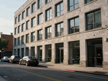 Wide exterior facade of a mid-rise mixed-use building on a quiet urban street, shot in natural morning light from across the road, building occupies the right two-thirds of the frame, sidewalk and parked vehicles visible in the foreground — no people, no dramatization