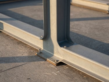 Extreme close-up of a structural steel joint meeting raw concrete on a high-altitude terrace, low-sun golden hour casting sharp geometric shadows across the permanent materials.