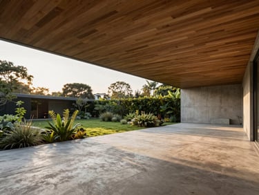 Wide panoramic shot of a minimalist concrete courtyard veranda at golden hour, cedar slatted ceiling casting long linear shadows on a polished concrete floor, lush internal garden visible.