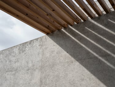 Dramatic architectural shadow play on a raw concrete wall from overhead cedar louvers, overcast sky, precise structural lines.