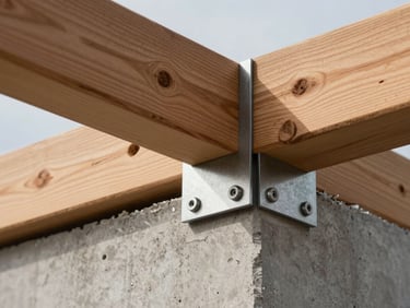 Extreme close-up of a structural join where a heavy cedar timber beam meets a raw concrete retaining wall, stainless steel hardware, sharp focus.