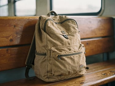 Close-up of a worn-in canvas backpack resting against a wooden train bench, soft overcast daylight, authentic documentary style.