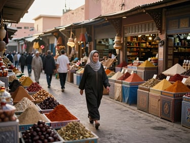 Candid wide shot of a woman walking through a vibrant, bustling spice market in Marrakech, integrated naturally into the scene.