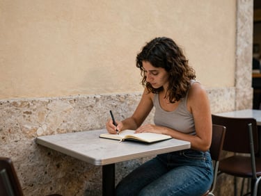 Candid shot of a woman sitting alone at a small cafe table in Lisbon, writing in a travel journal, soft daylight, warm earthy tones.