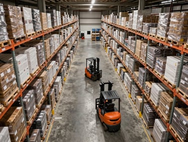 Overhead wide-angle shot of a large distribution warehouse interior, organized rows of high-bay racking filled with palletized freight, forklifts in motion in the center aisle, bright overhead LED lighting, clean concrete floor with painted lane markings