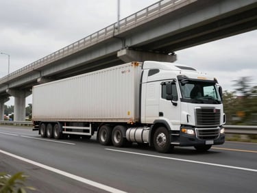 Wide shot of a loaded semi-truck in motion on a highway overpass, shot from the side at highway level, daylight with overcast sky, freight containers visible on the trailer, industrial bridge structure in background
