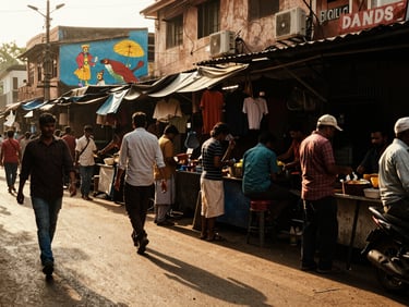 A street-level environmental shot of a bustling Mumbai market at golden hour, a hand-painted wall mural visible in the background, high contrast, warm 35mm film grain.