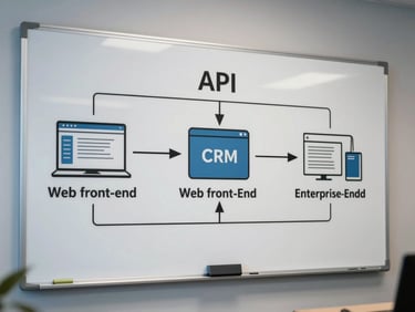 A clean architectural system diagram on a whiteboard, illustrating the direct API connection between a web front-end and an enterprise CRM database, cool office lighting.
