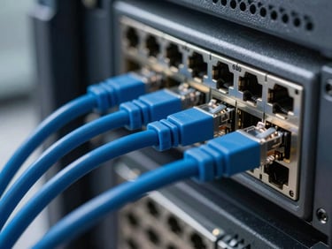 Macro close-up of physical server rack cables, structured blue ethernet cords patched cleanly into enterprise switches under cool office daylight, shallow depth of field.