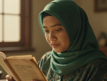Close-up portrait of a Malay woman wearing a soft headscarf, looking down at old manuscripts, warm golden hour light