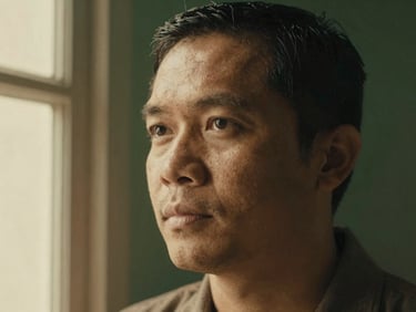 Close-up portrait of a Malay man in his late 30s, soft window light, warm nostalgic sepia tones, thoughtful expression
