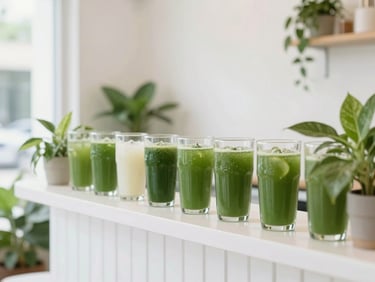Bright clean interior of a boutique juice bar in Dharmawangsa, leafy green plants, soft natural light, minimalist design