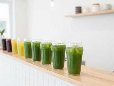 Bright airy interior of a modern minimalist juice bar in Sudirman, clean white walls, wooden counters, high-key daylight