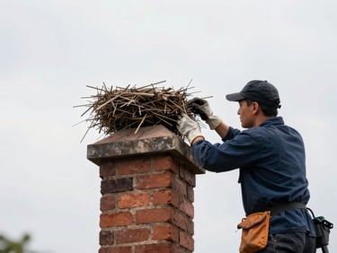 Chimney sweep carefully removing a bird's nest from a flue, wearing gloves, natural light, clean environment