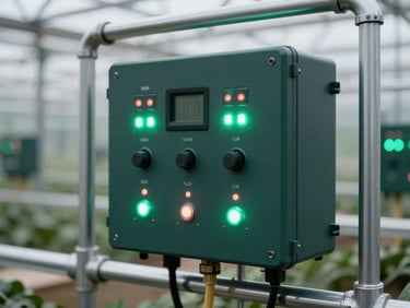 Sleek modern automated fertigation control panel in a high-tech commercial greenhouse, glowing LED indicator lights, clean metallic piping, macro depth of field