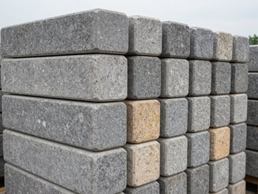 Gritty industrial photography of limestone grey pier caps stacked in a yard, detailed stone texture, natural overcast daylight, 35mm
