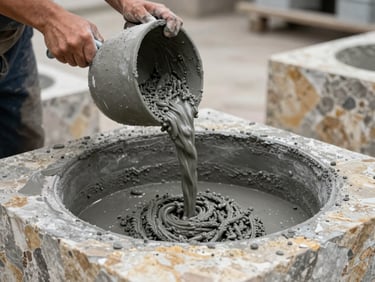 Gritty industrial photography of a craftsman pouring wet cast stone mixture into a heavy steel mold, overcast daylight, 35mm