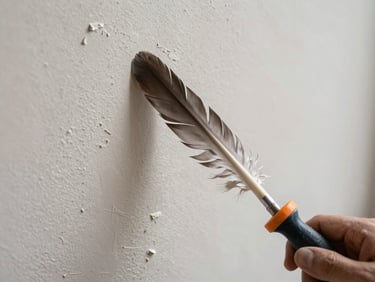 Close-up of a drywall knife feathering joint compound over a patched wall section, natural overcast light, texture visible in the surface