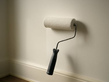 A paint roller mid-stroke on a freshly primed interior wall, soft window light casting a gentle shadow, clean edge masking tape at the baseboard