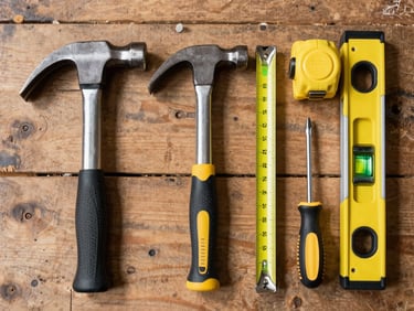 Overhead flat-lay of common hand tools — hammer, tape measure, level, screwdrivers — on a worn wooden workbench under soft north-facing daylight