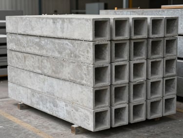 Precast concrete structural elements stacked neatly at the Tirana manufacturing facility yard