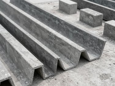 Heavy-duty concrete drainage channels and custom precast blocks on a clean concrete surface