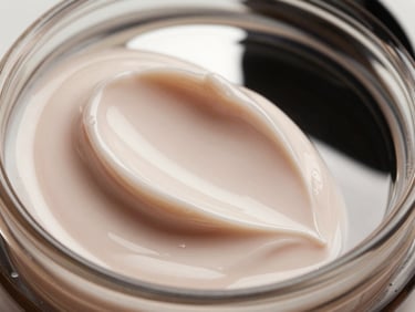Macro close-up of rich cosmetic cream texture, elegant swatches reflecting soft light, high-end editorial photography