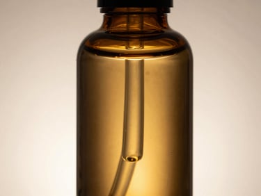 Macro close-up of amber glass serum bottle reflecting soft directional studio light, warm neutral background.