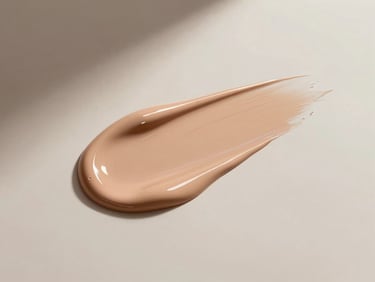 A smooth swatch of rich nude cream foundation on a warm alabaster surface, elegant lighting