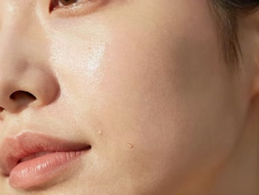 Macro photography of clean, glowing skin texture with soft morning light reflecting off a hydrated cheekbone, warm editorial style, 35mm